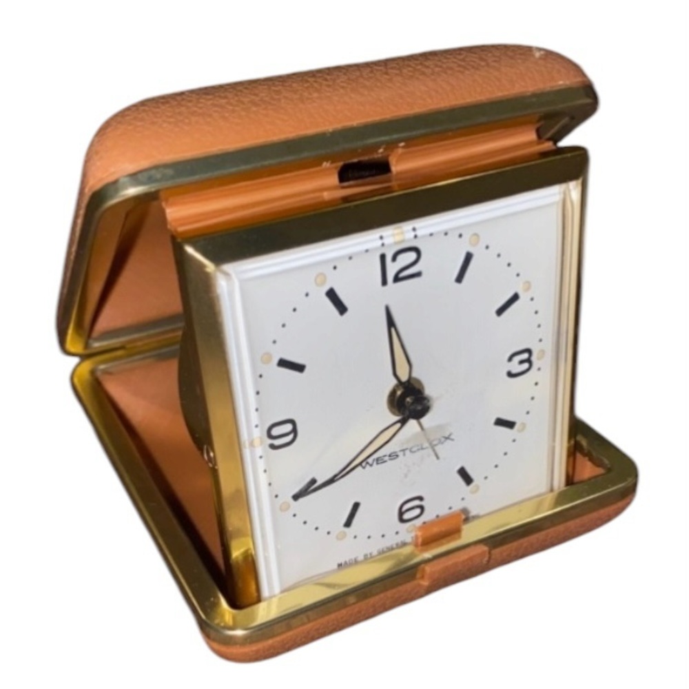 Vintage Westclox Travel Alarm Clock Tan Clam Shell Case